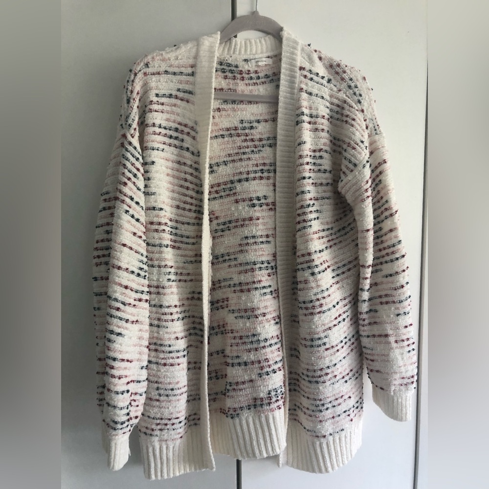 Maurices Striped Cream Red Blue and Pink Fuzzy Cardigan Sweater Size Medium